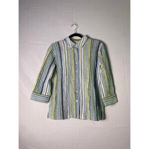 Breckenridge Green & Blue Striped Button Up 3/4 Sleeve Blouse Women's Size Large